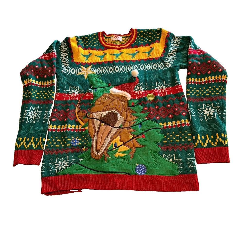 Holiday Time T Rex Ugly Christmas Sweater Mens L Dinosaur 3D Tree Santa HT40415